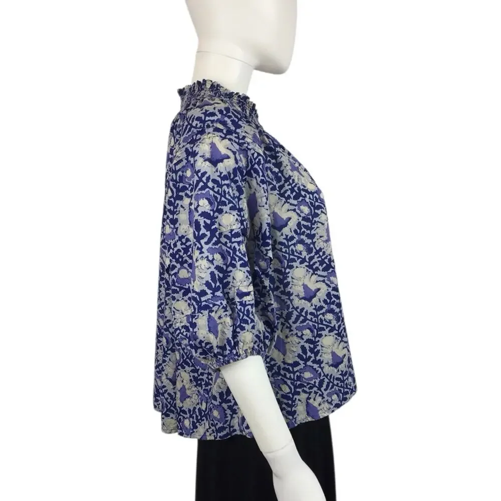 Free Peo­ple Blue & Grey Floral Cotton Blouse Relaxed 3/4 Sleeves Flowy